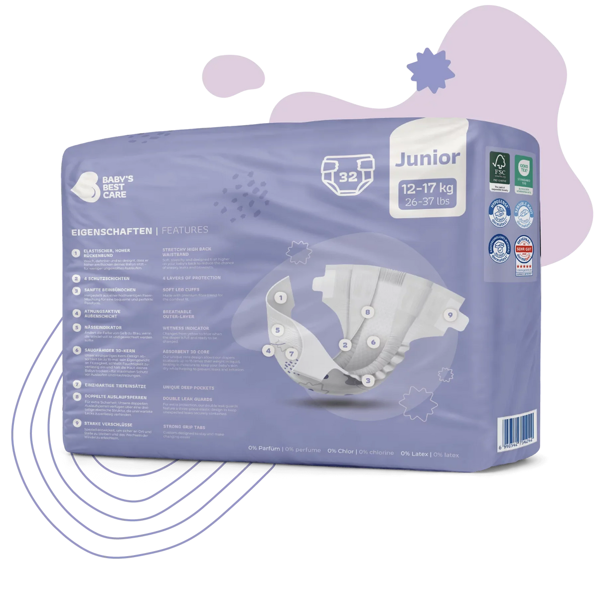 Baby’s Best Premium Diapers – Junior 26-37 lbs (32 Diapers)